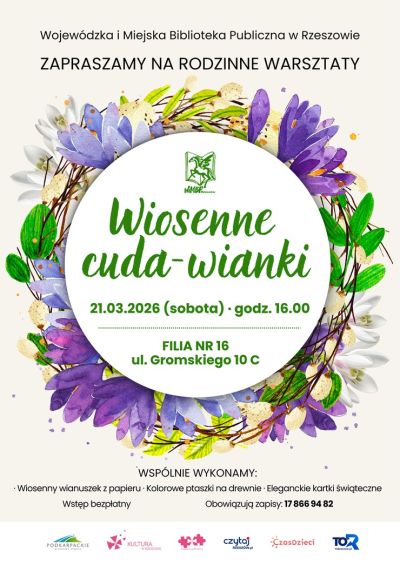 Grafika promująca warsztaty Wiosenne cuda-wianki